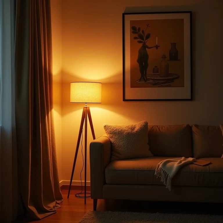 Iluminação estratégica com luminária de chão em sala pequena criando ambiente acolhedor