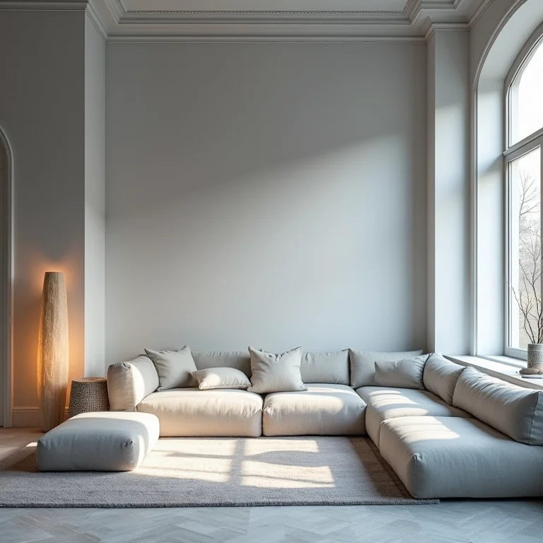 Iluminação estratégica em decoração com paredes e móveis cor gelo, luz natural e artificial