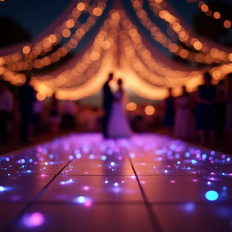 Iluminação mágica com luzes de fada iluminando pista de dança em casamento noturno