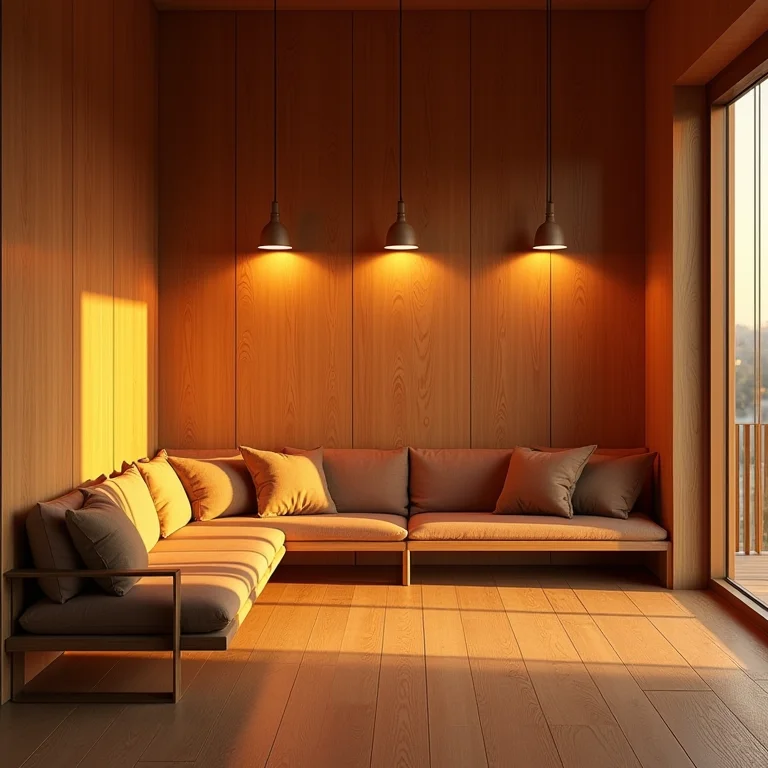 Iluminação valorizando a cor e textura da madeira em um ambiente decorado