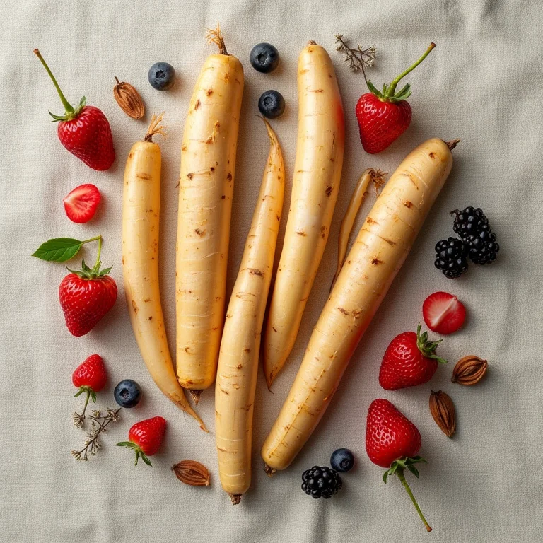Ingredientes antioxidantes e ginseng em composição flat lay.