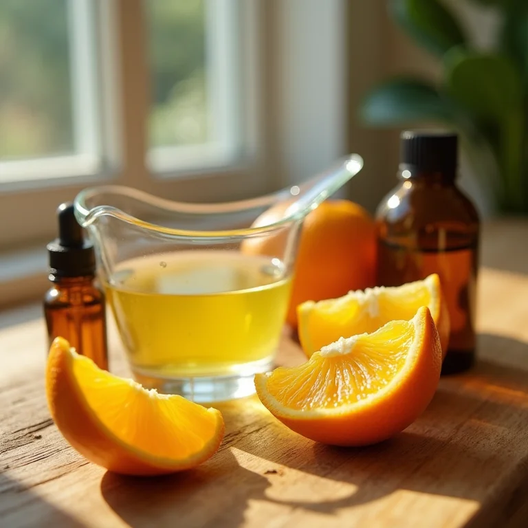 Ingredientes naturais para desinfetante caseiro: cascas de laranja, água e óleos essenciais