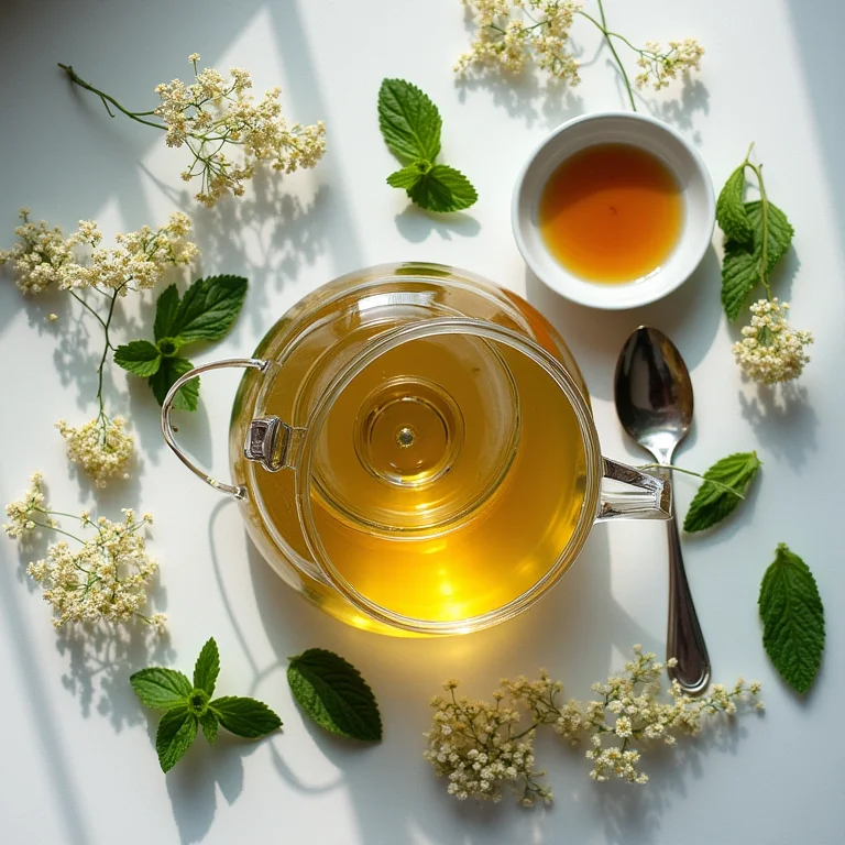 Ingredientes para chá de sabugueiro com hortelã dispostos em flat lay.