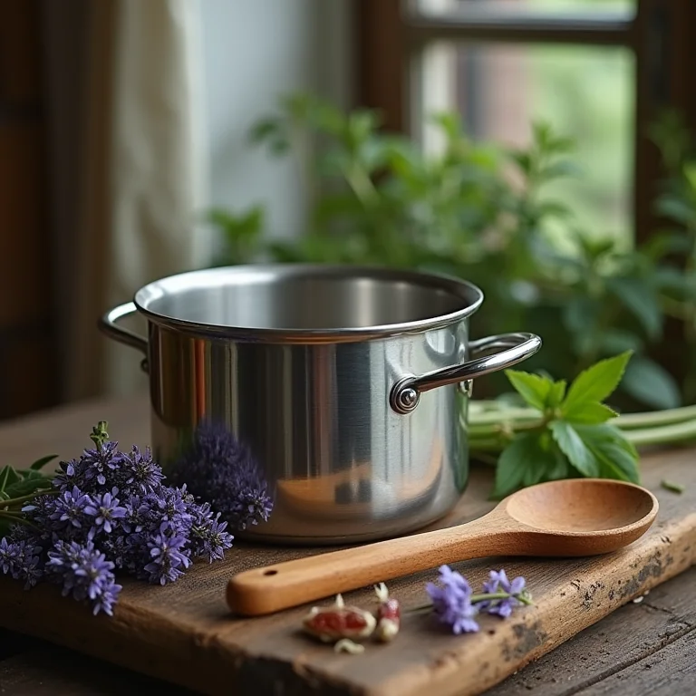 Ingredientes para desinfetante caseiro: ervas, pote e colher de pau