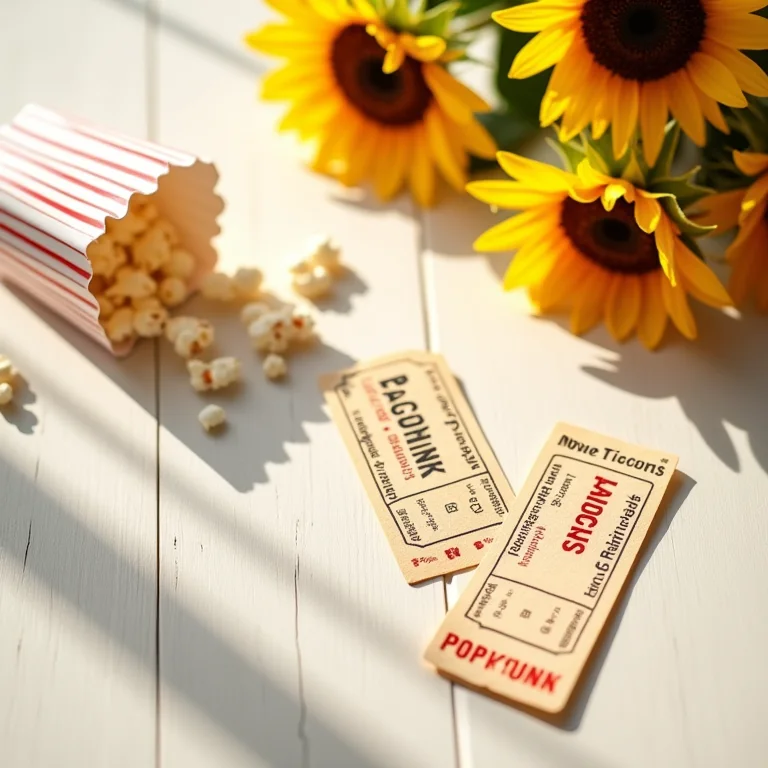 Ingresso de cinema, pipoca e girassóis