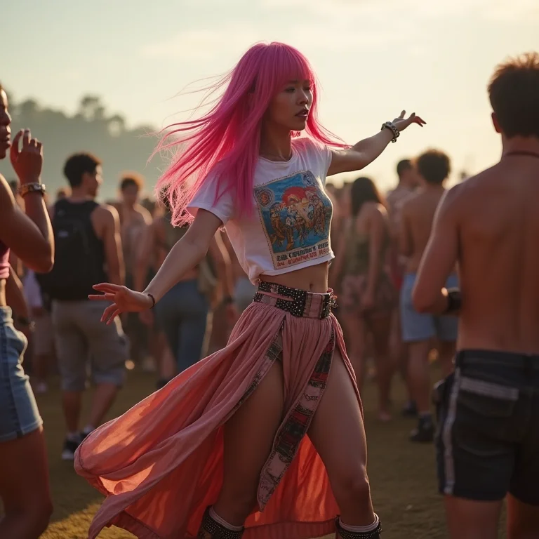 Inspiração de look boho para festival de música com camiseta de banda e saia longa