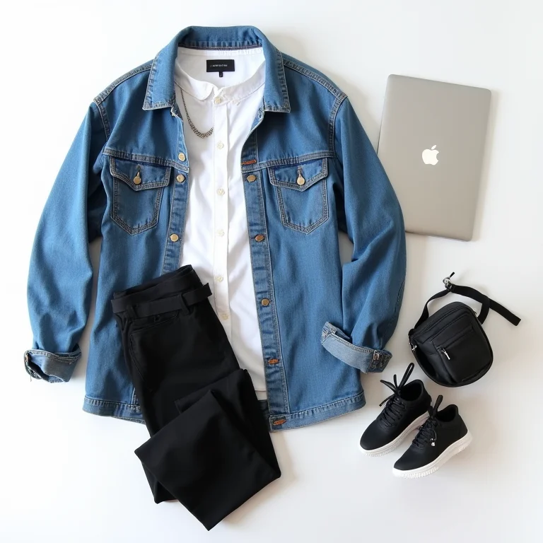 Jaqueta jeans oversized combinada com camisa branca, calça preta e tênis para look de trabalho