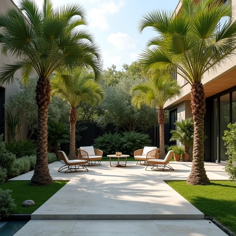 Jardim moderno com palmeiras de médio porte