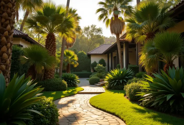 Jardim pequeno exuberante com diversas palmeiras