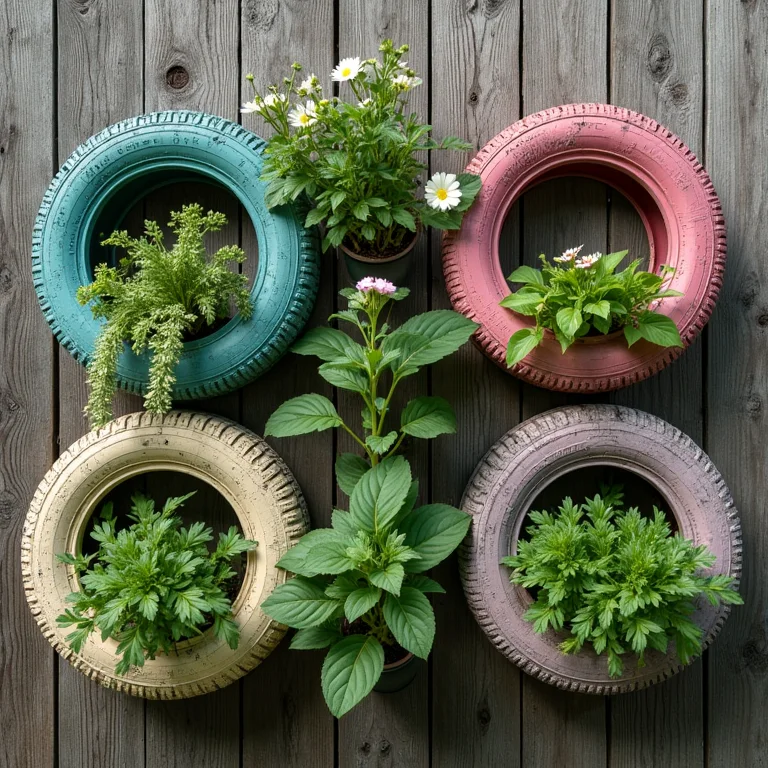 Jardim vertical feito com pneus coloridos