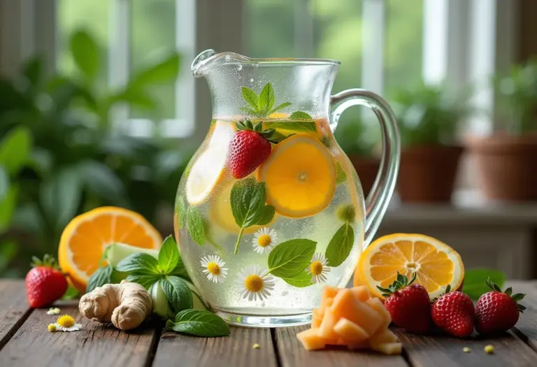 Jarra de água aromatizada com ervas e frutas frescas