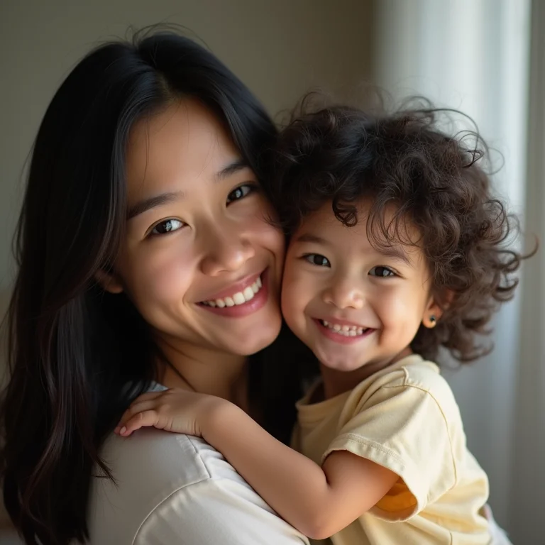 Jovem abraçando criança com carinho