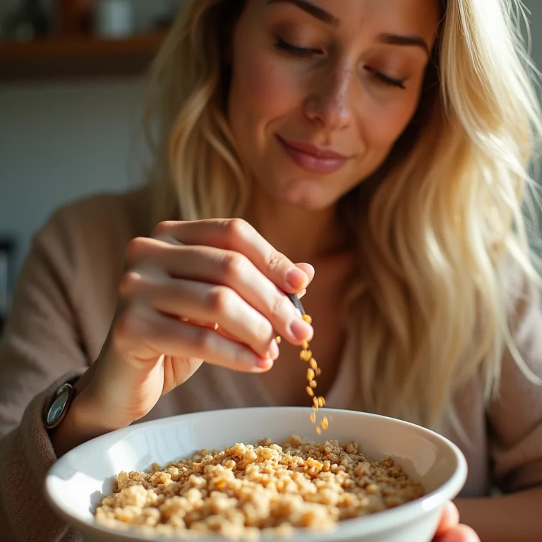 Jovem adicionando linhaça ao mingau para aproveitar seus benefícios