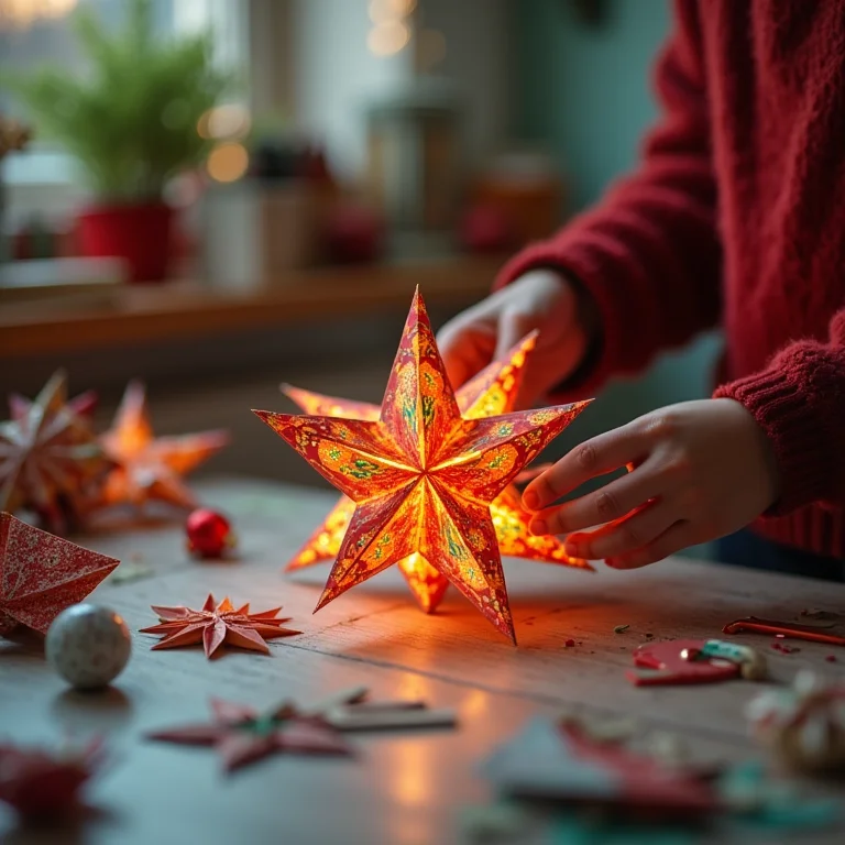 Jovem artesã montando estrela de Natal 3D com papel de origami