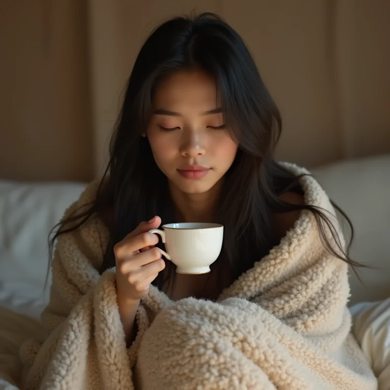 Jovem asiática-brasileira aliviando problemas respiratórios com chá de tomilho