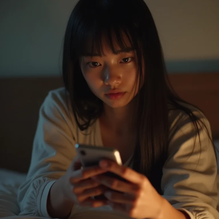 Jovem asiática-brasileira desligando o celular antes de dormir