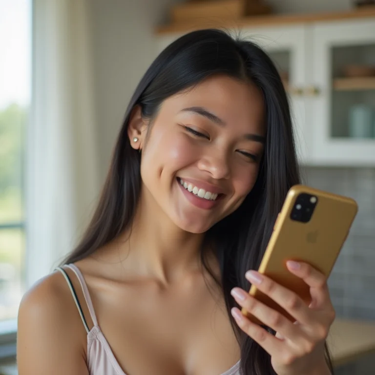 Jovem asiática-brasileira mostrando informações do fabricante em video chamada.