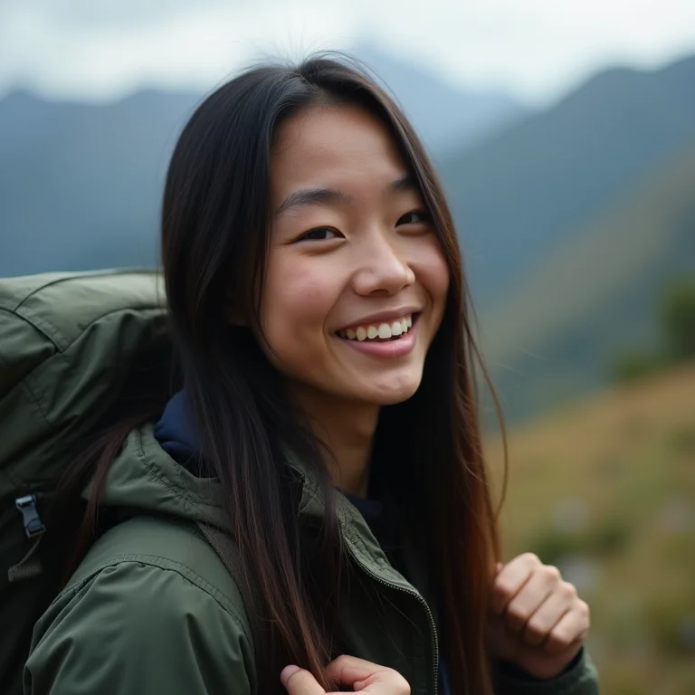 Jovem asiática-brasileira se preparando para trilha na serra