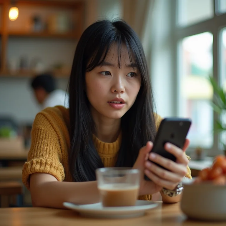 Jovem asiática-brasileira tentando contato com nutricionista.