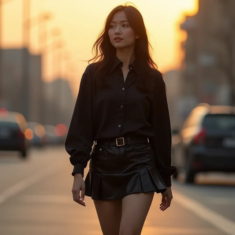 Jovem asiática com blusa de gola Peter Pan preta, mini saia e coturnos