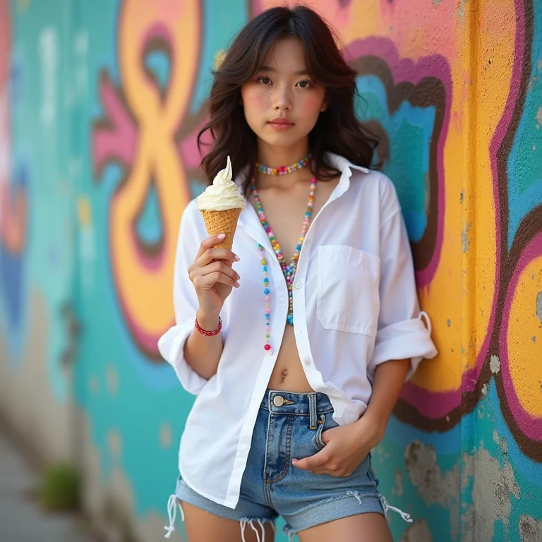 Jovem asiática com shorts jeans, camisa branca e rasteirinhas coloridas.