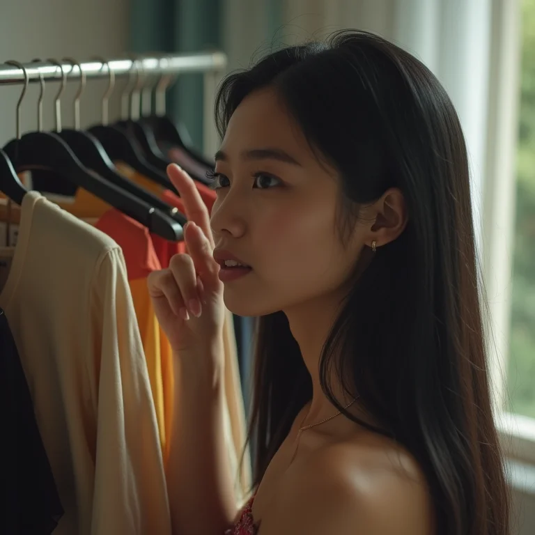 Jovem asiático-brasileira compartilhando segredo sobre guarda-roupa minimalista