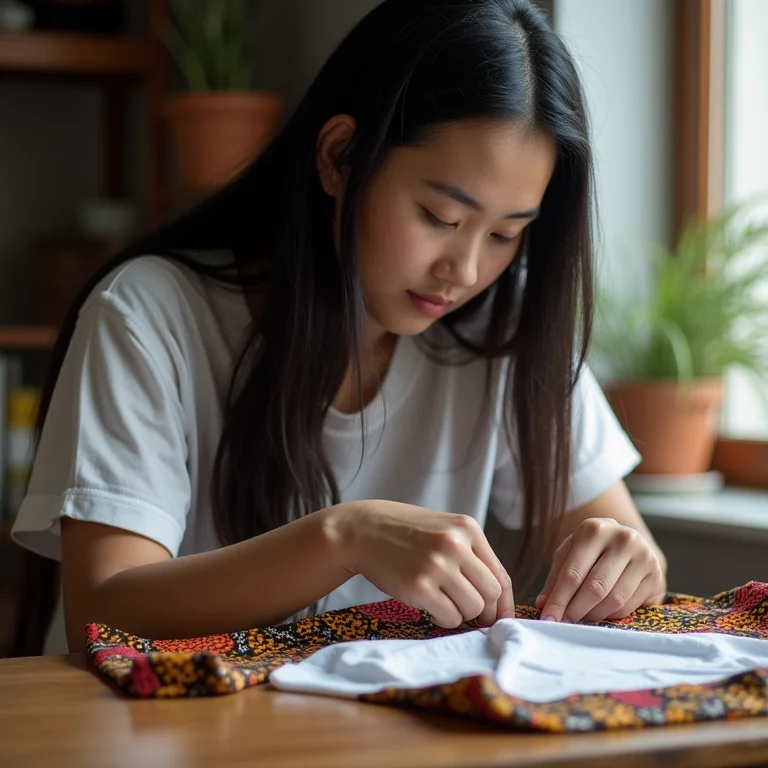 Jovem asiático-brasileira costurando tecido africano em camiseta branca.