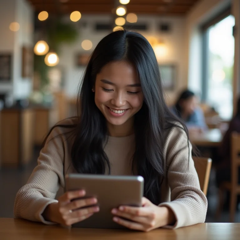 Jovem asiático-brasileira editando vídeo para Reels em tablet.
