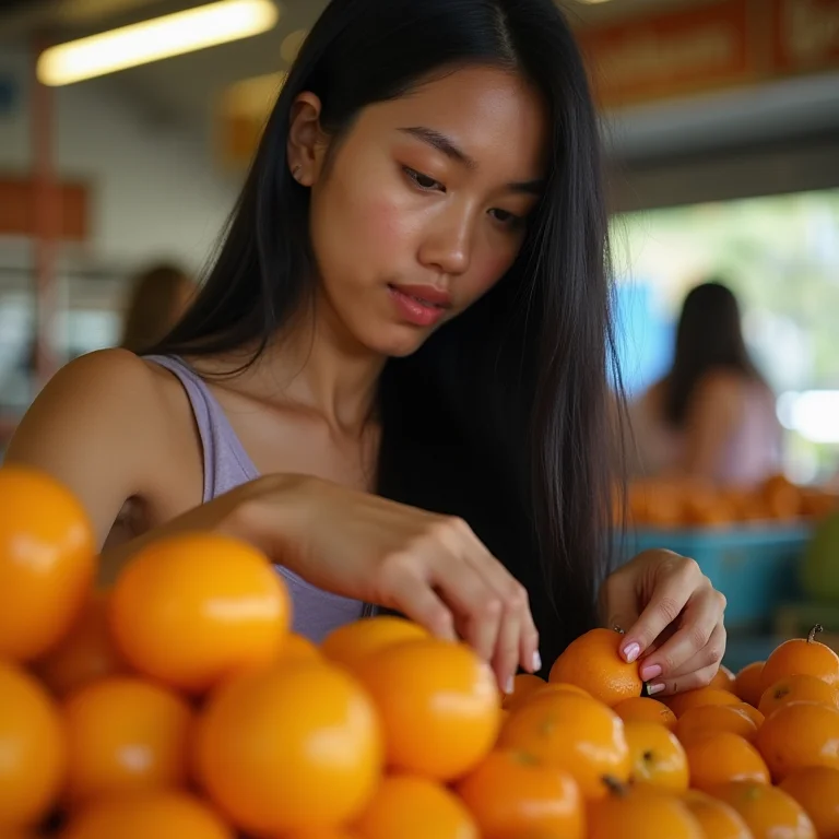 Jovem asiático-brasileira escolhendo marmelinho do campo na feira