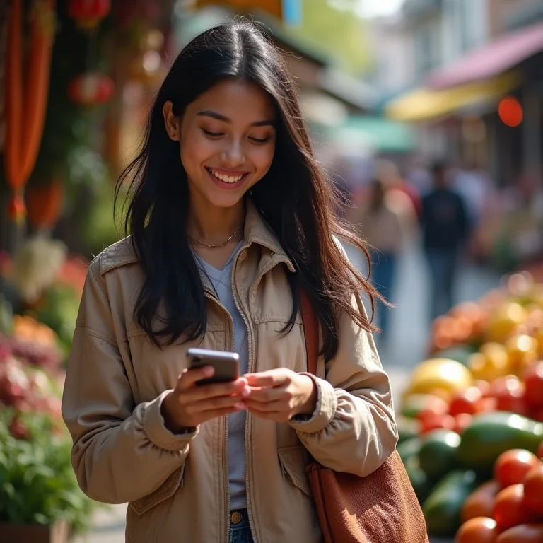 Jovem asiático-brasileira explorando um mercado local com sua câmera