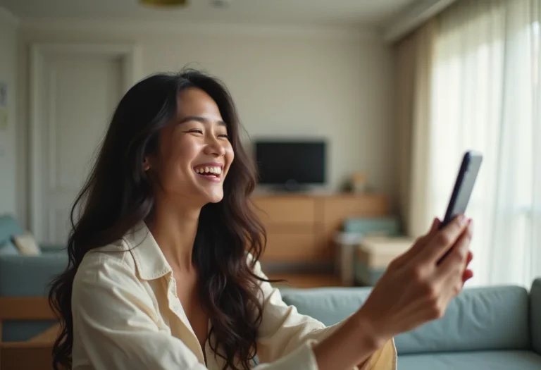 Jovem asiático-brasileira gravando vídeo no TikTok.