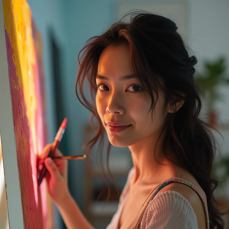 Jovem asiático-brasileira pintando arte abstrata em estúdio.