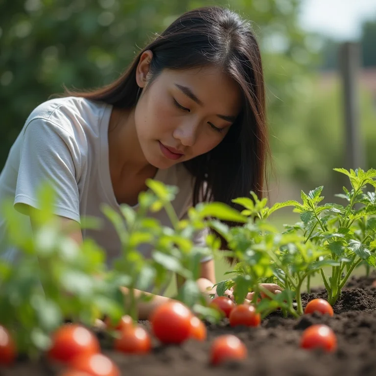 Jovem asiático-brasileira plantando mudas de tomate com espaçamento adequado.