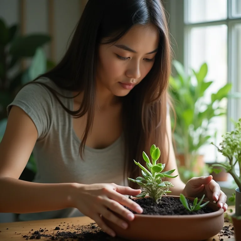 Jovem asiático-brasileira plantando suculenta em solo adequado.