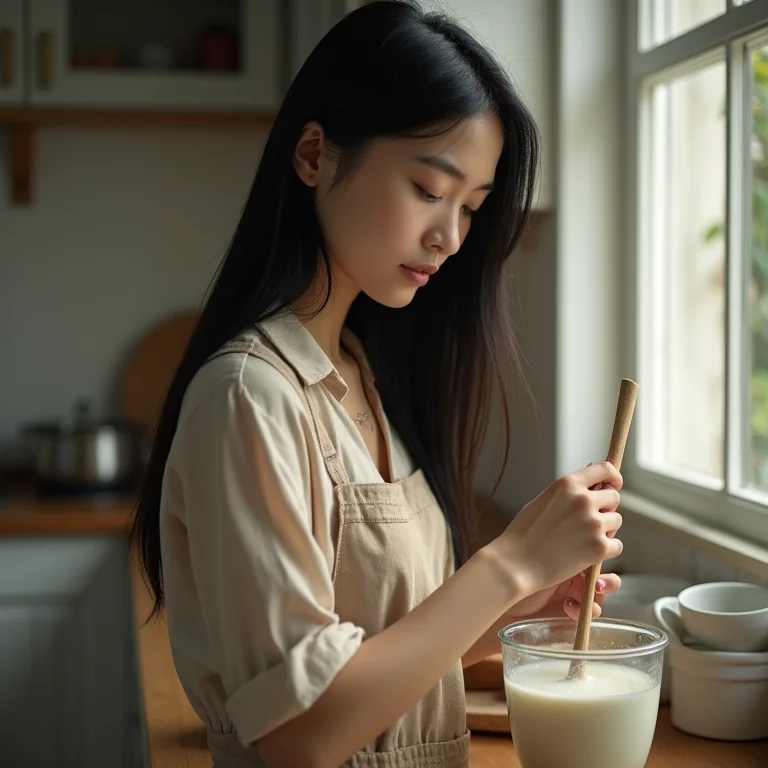 Jovem asiático-brasileira preparando hidratação de maisena e leite