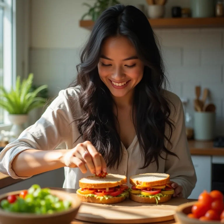 Jovem asiático-brasileira preparando sanduíche com legumes em conserva.