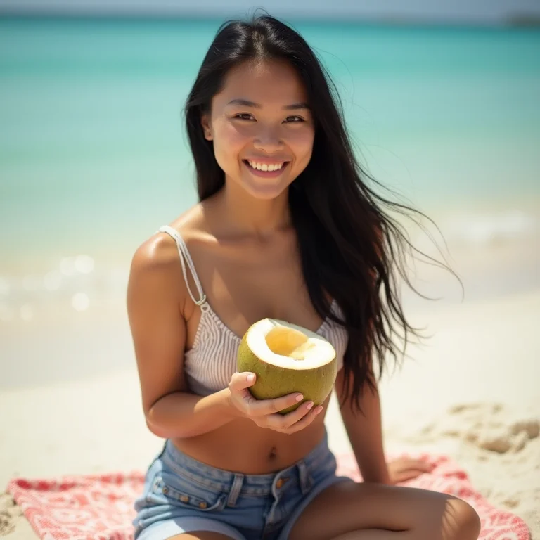 Jovem asiático-brasileira relaxando na praia com shorts jeans e top listrado.