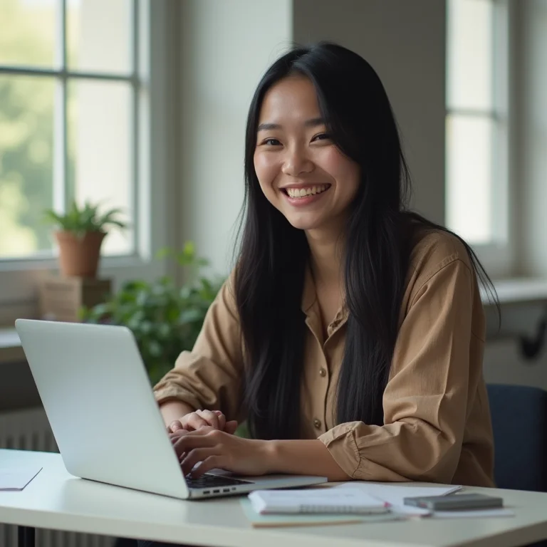 Jovem asiático-brasileira sorrindo confiante no trabalho