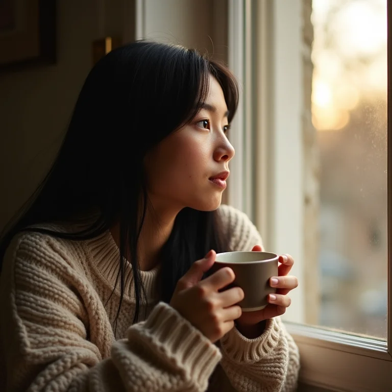Jovem asiático-brasileira tomando chá de Mulungu perto da janela.