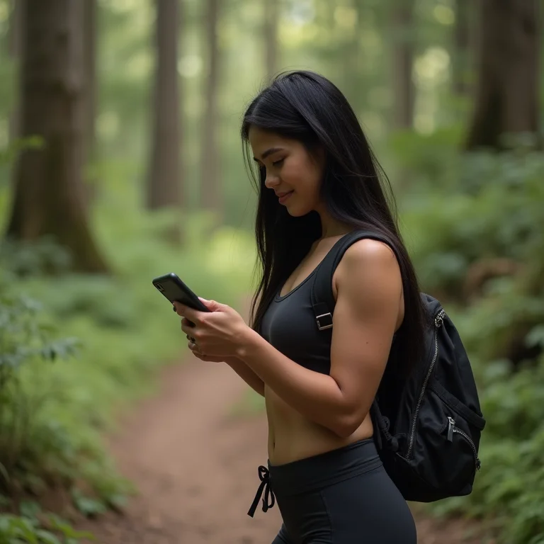 Jovem asiático-brasileira usando celular para se orientar durante trilha
