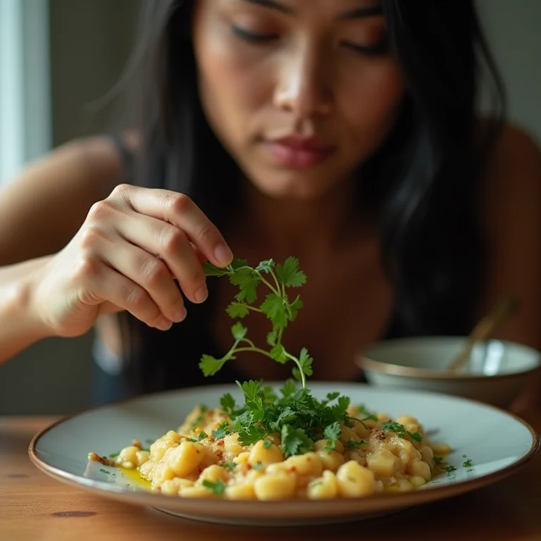 Jovem brasileira adicionando coentro à moqueca.