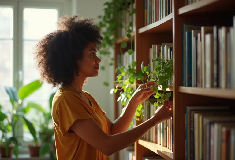 Jovem brasileira organizando estante de livros em casa.