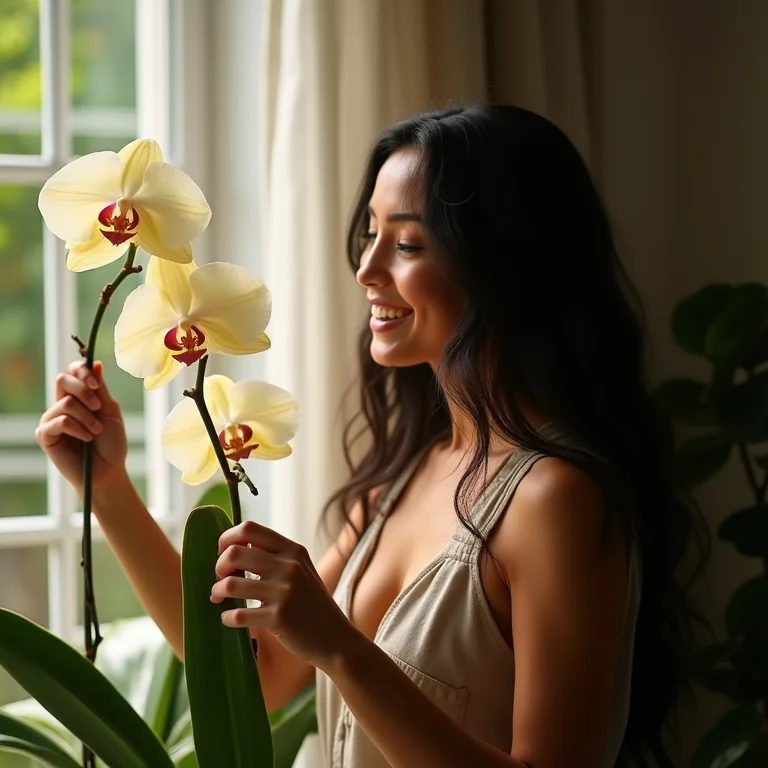 Jovem brasileira posicionando orquídea perto de janela ensolarada