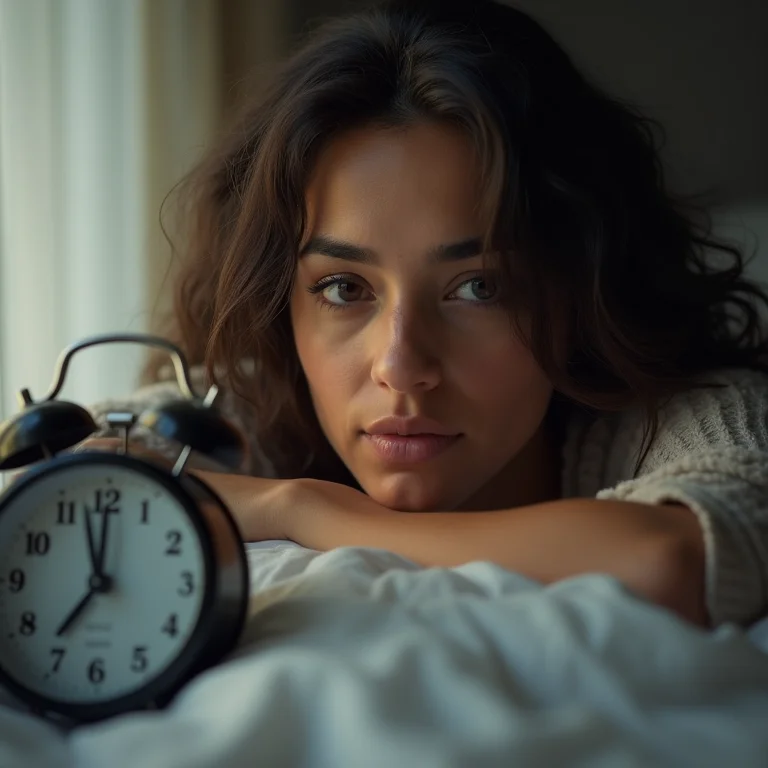 Jovem brasileira tentando acordar com o despertador.