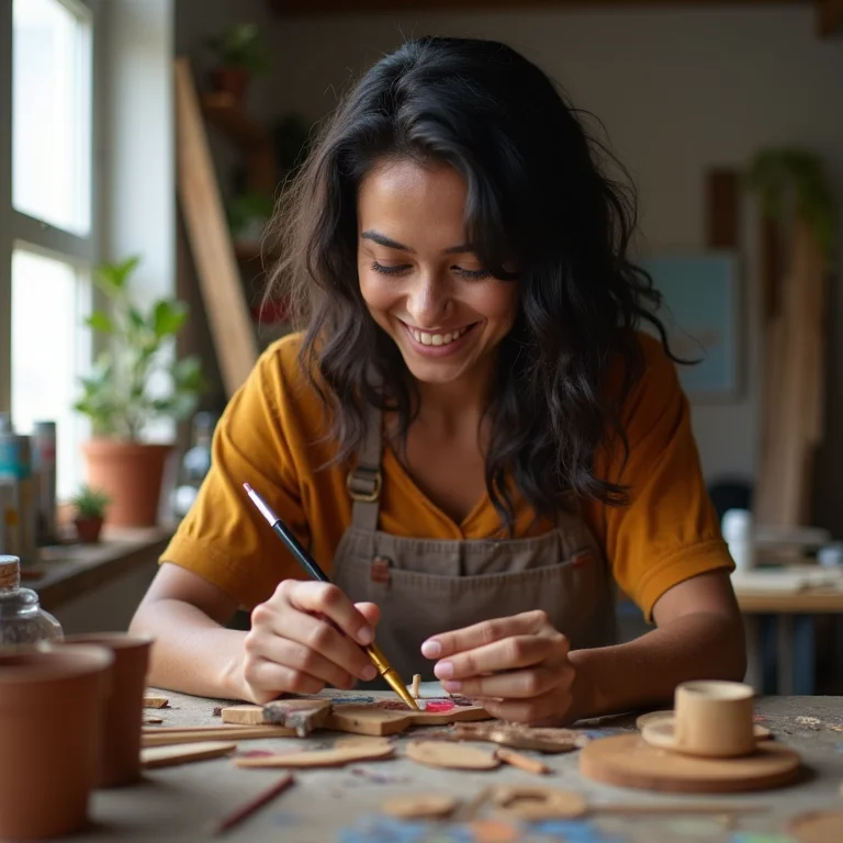Jovem criando um porta chaves colorido com restos de madeira.