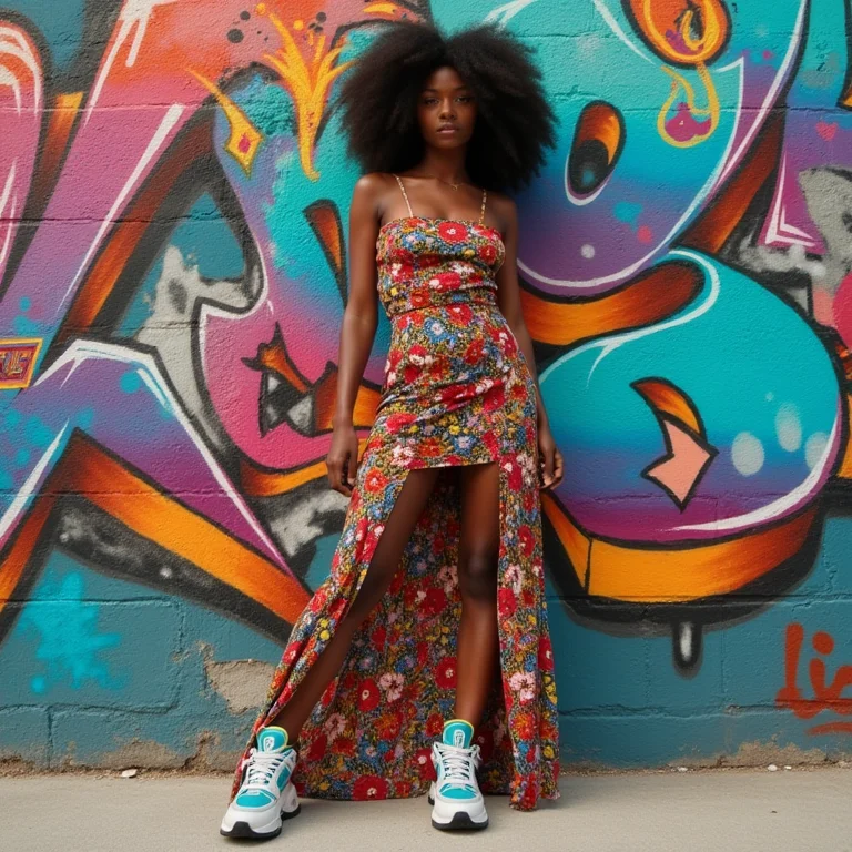 Jovem estilosa com vestido estampado e tênis chunky em frente a parede grafitada