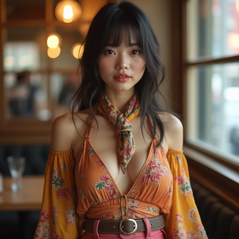 Jovem estilosa usando lenço de seda vintage como top e calças de cintura alta