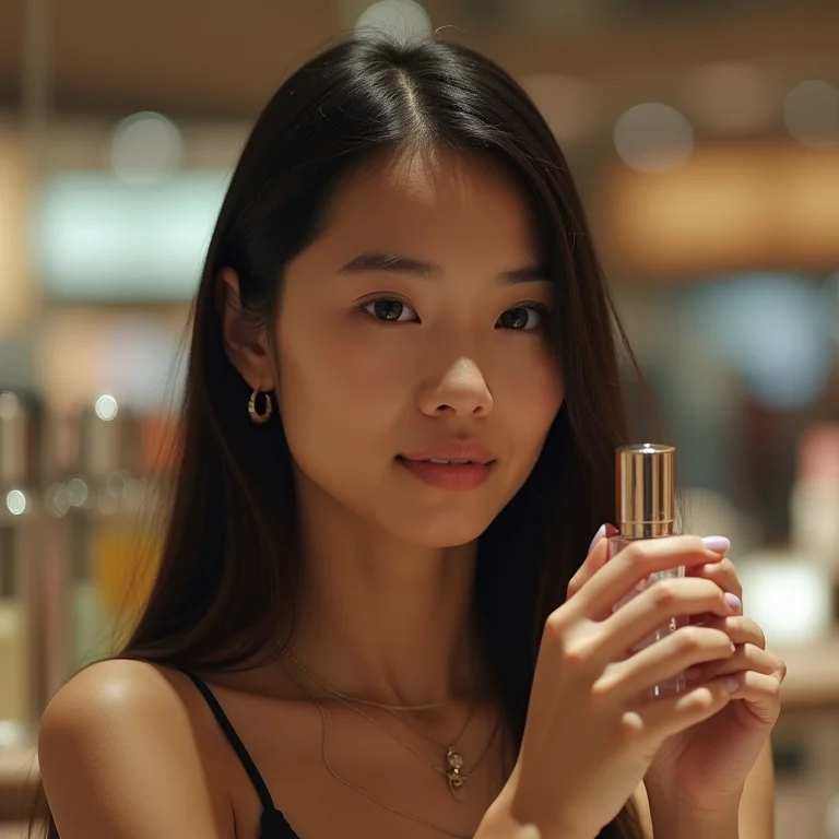 Jovem experimentando perfume capilar antes de comprar