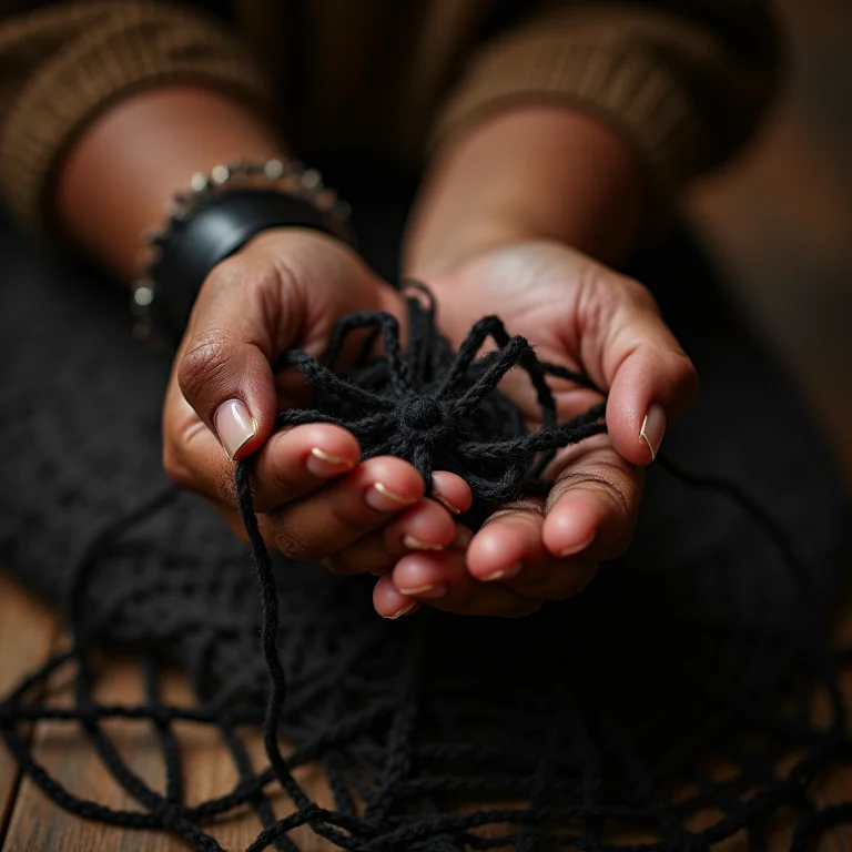 Jovem indígena artesã criando teias de aranha com lã preta para decoração de Halloween
