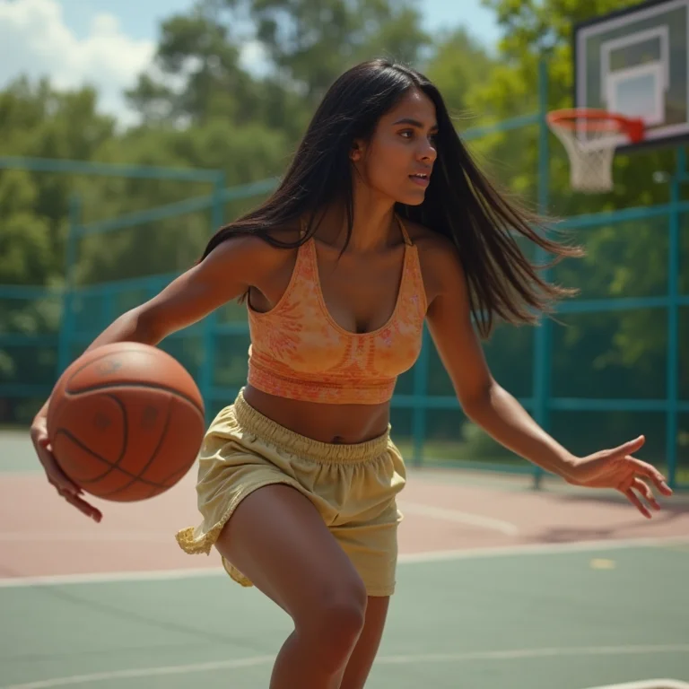 Jovem indígena brasileira jogando basquete